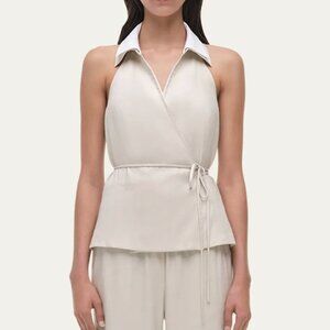 SIMKHAI Campbell Halter Shirt in Sand Large Collared Wrap Shirt